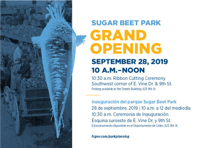 Invitation information for Sugar Beet Park Grand Opening