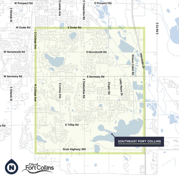 Southeast Fort Collins, east of College and south of Drake