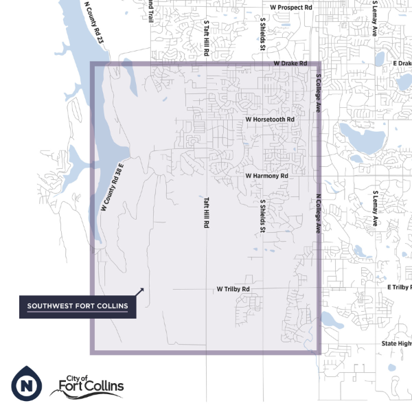 Southwest Fort Collins: west of College, south of Drake