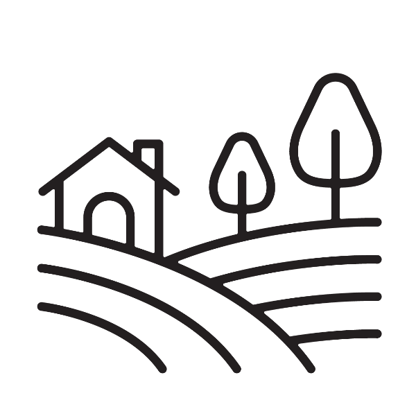 Icon indicating a house near trees and naturalistic-looking hills