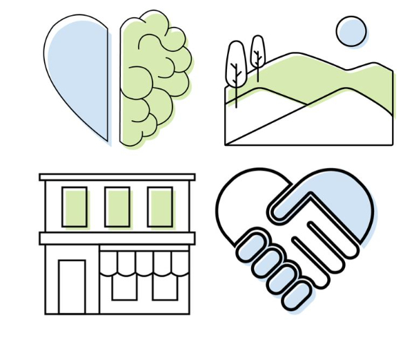 Illustrations of 2 hands clasped together forming a heart, a business storefront, hills and trees, mental health heart.
