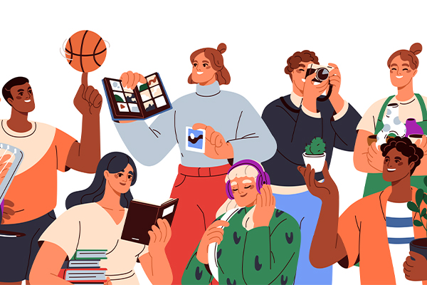 Illustration of people with a variety of hobbies.