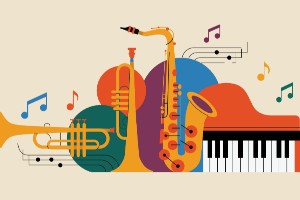 A graphic showing cartoon instruments and music notes