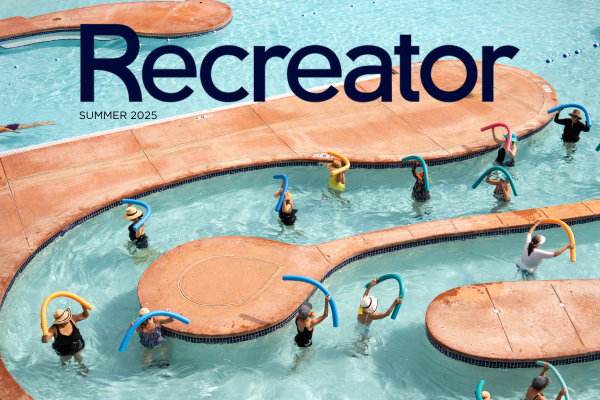 People holding pool noodles walking through a lazy river with the text "Recreator Summer 2025" overlaid