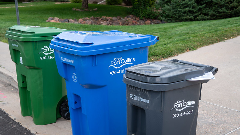 trash and recycling carts on the curb