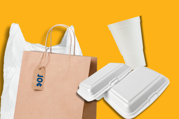 a plastic bag, a paper bag with a ten-cent tag on it, styrofoam cup and styrofoam container
