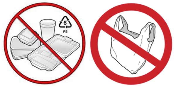 Postcard image showing the Plastic Pollution Reduction Act bans on plastic bags and expanded polystyrene in 2024.