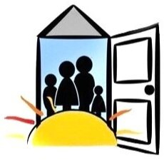 Graphic of a doorway opening with silhouettes of a family standing in front of a half sun