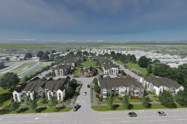 Landbank Property from 2018: a bright blue sky with few thin clouds lies above an overhead view of houses lined by greenery.