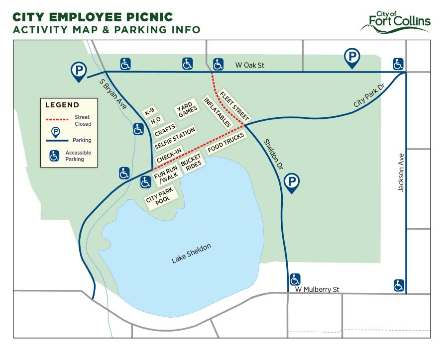 Map of activities and parking for the 2025 City Employee Picnic