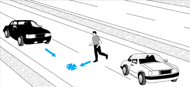 Diagram of pedestrian walking into traffic at uncontrolled location