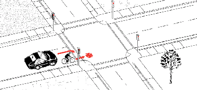 Diagram of vehicle turning right and colliding with bike in bike lane next to it