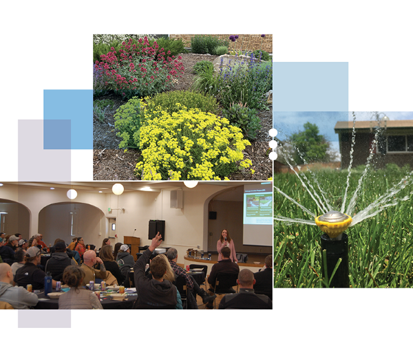 a room full of people participating in discussion, xeriscape landscape and a residential spinkler