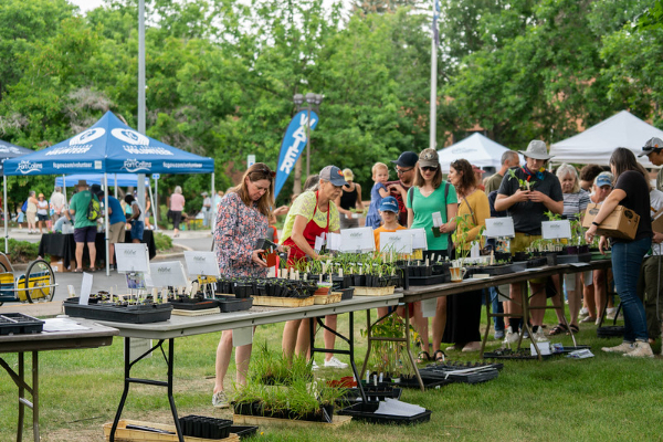 People wait in line at the plant swap to pick up their free plants.