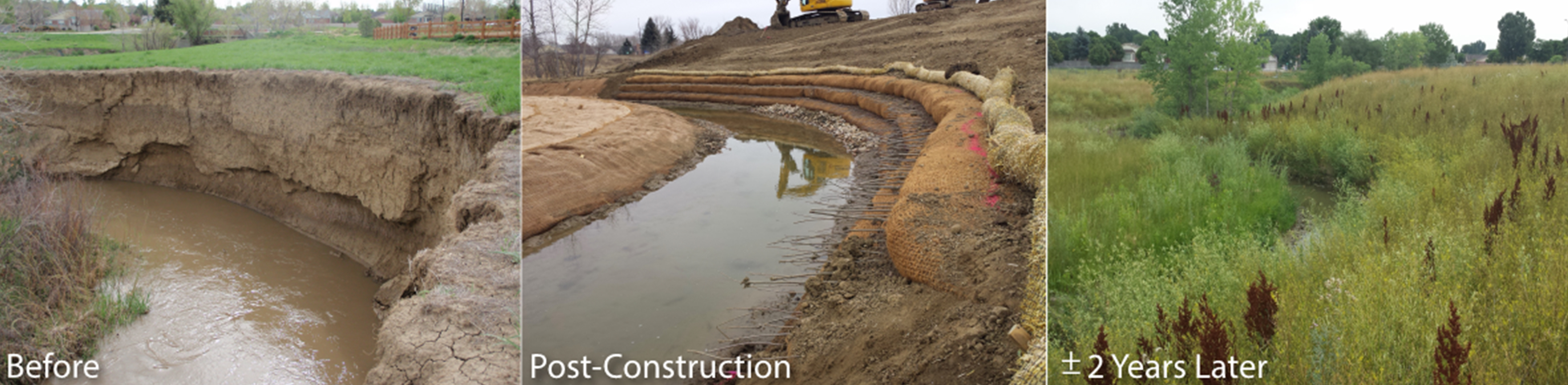 Example of stream rehab at Fossil Creek, before, post construction and 2 years post construction.