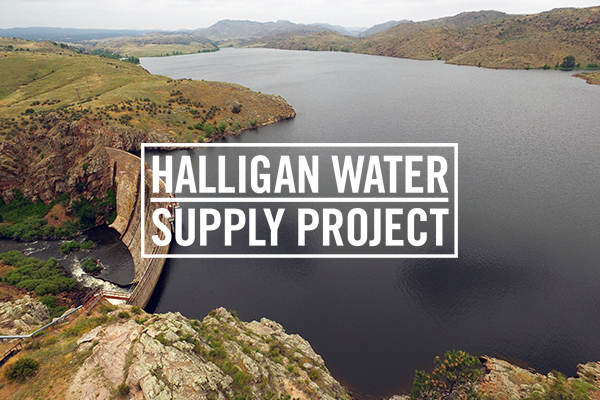 Image of Halligan Reservoir overlaid with the Halligan Water Supply Project logo