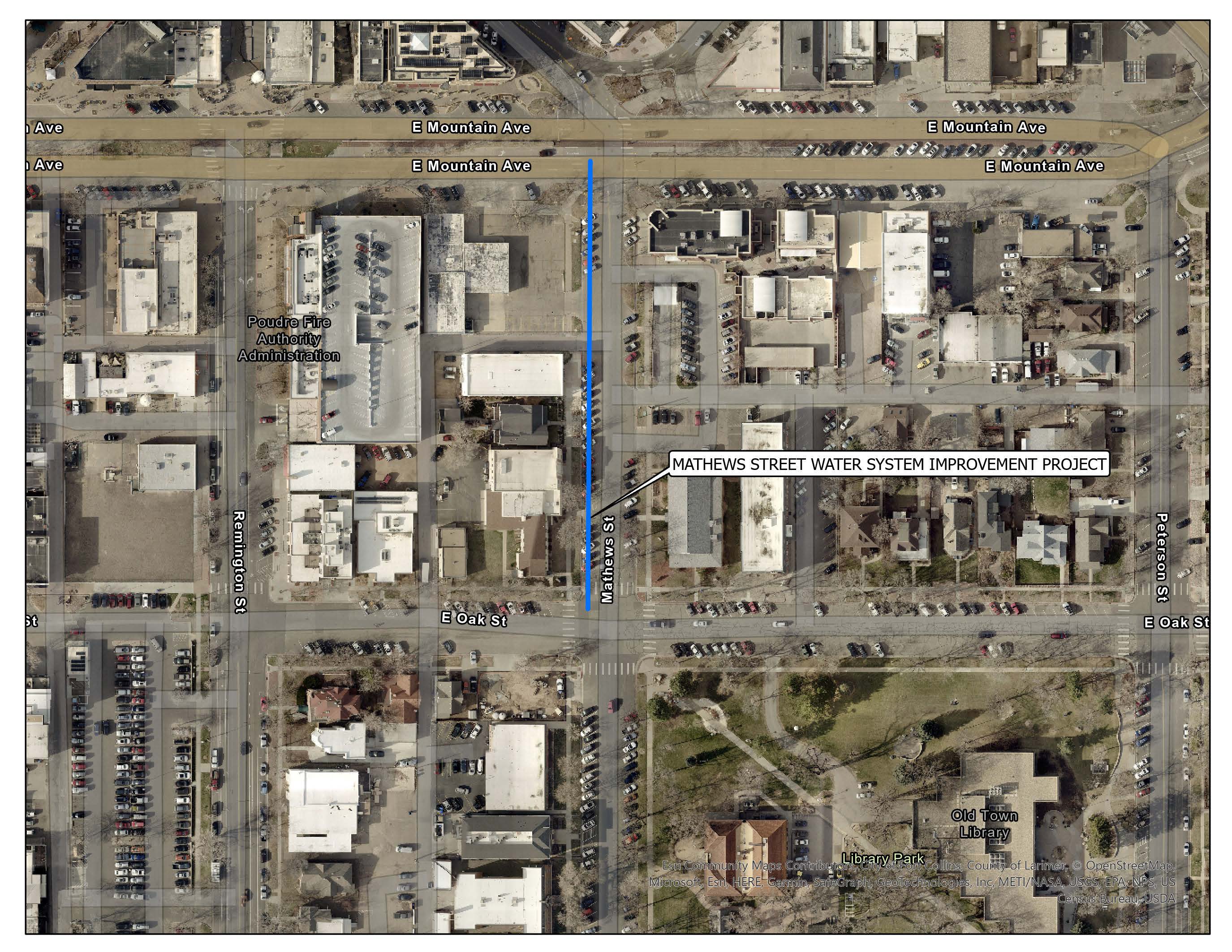 Blue line indicates the section of Mathews Street that will have a new waterline installed.