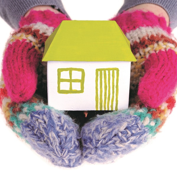 mittens holding a toy house