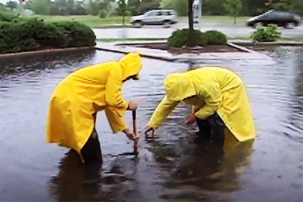 Stormwater crew clearing a stormwater inlet during a storm.