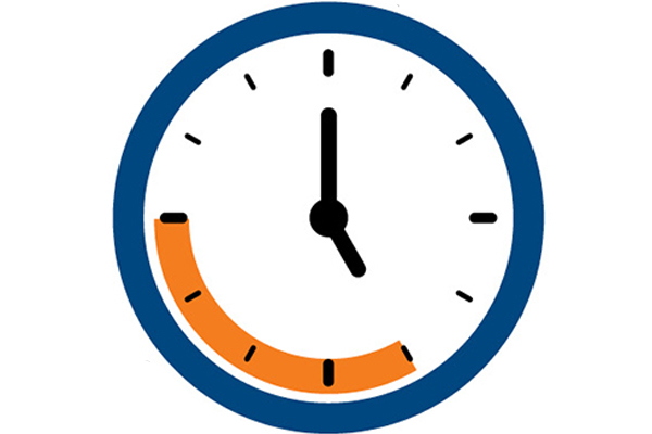 A clock showing 5 p.m.- 9 p.m.