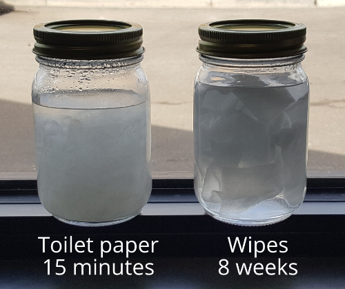 Toilet paper dissolved in water after 15 minutes and wipes undissolved in water after two weeks.