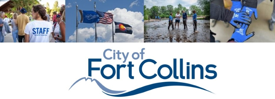 Volunteer and City Panoramic photo mix including a staff member, Colorado, US, City of FC flags, and groups of volunteers