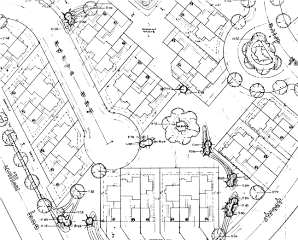 Drawing of a site plan showing homes, roads and landscapin